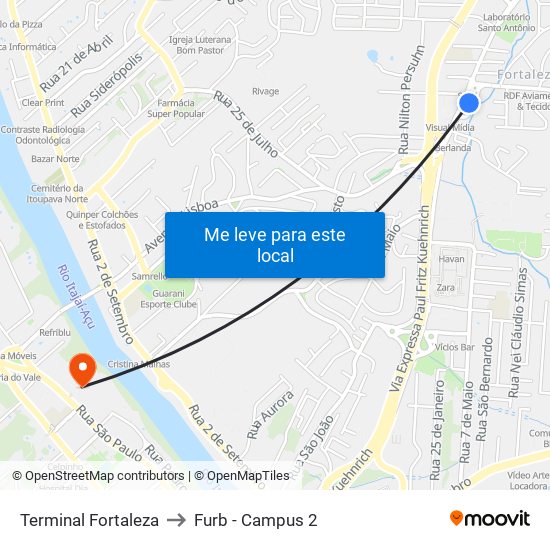 Terminal Fortaleza to Furb - Campus 2 map