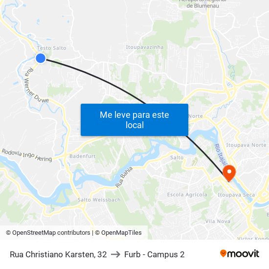 Rua Christiano Karsten, 32 to Furb - Campus 2 map