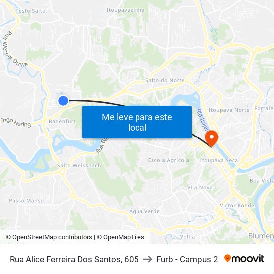 Rua Alice Ferreira Dos Santos, 605 to Furb - Campus 2 map