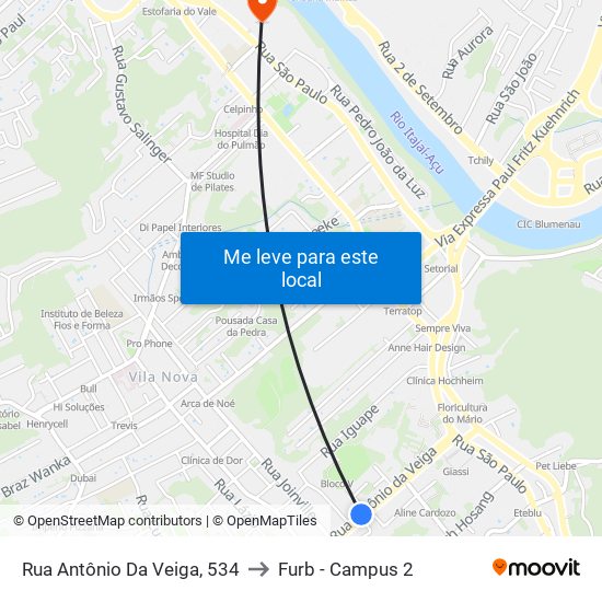 Rua Antônio Da Veiga, 534 to Furb - Campus 2 map