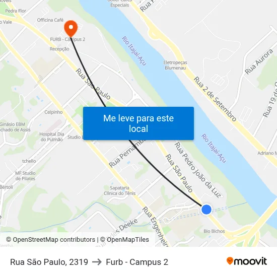 Rua São Paulo, 2319 to Furb - Campus 2 map