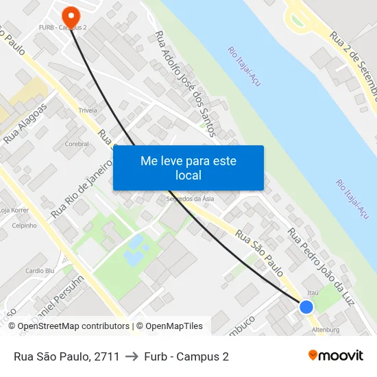 Rua São Paulo, 2711 to Furb - Campus 2 map