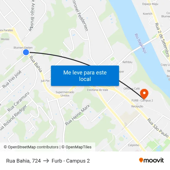 Rua Bahia, 724 to Furb - Campus 2 map