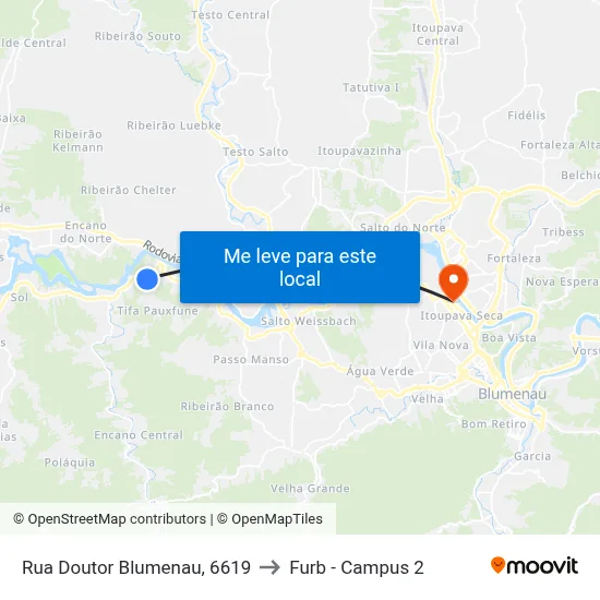 Rua Doutor Blumenau, 6619 to Furb - Campus 2 map