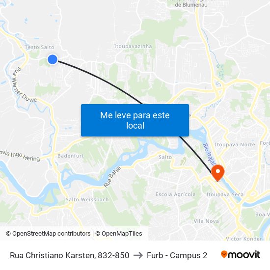 Rua Christiano Karsten, 832-850 to Furb - Campus 2 map