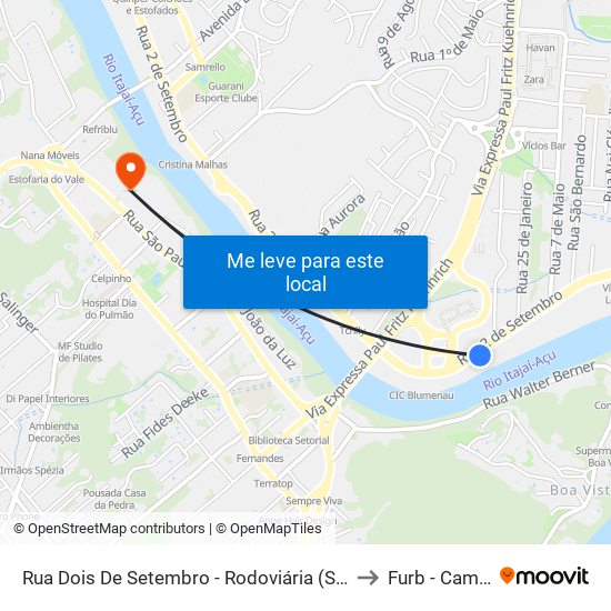 Rua Dois De Setembro - Rodoviária (Sentido Centro) to Furb - Campus 2 map