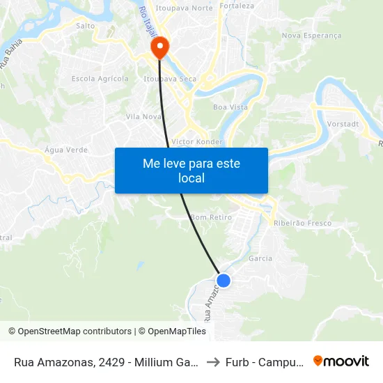 Rua Amazonas, 2429 - Millium Garcia to Furb - Campus 2 map