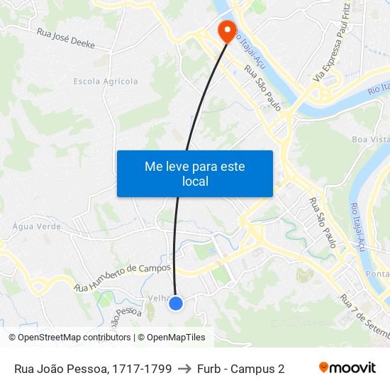 Rua João Pessoa, 1717-1799 to Furb - Campus 2 map