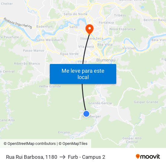 Rua Rui Barbosa, 1180 to Furb - Campus 2 map