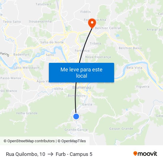 Rua Quilombo, 10 to Furb - Campus 5 map