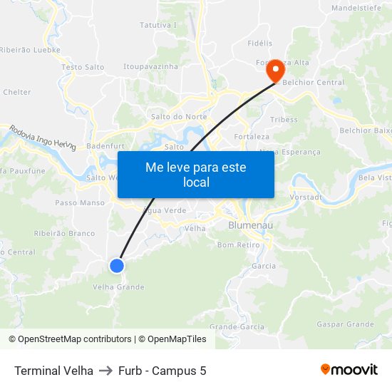 Terminal Velha to Furb - Campus 5 map