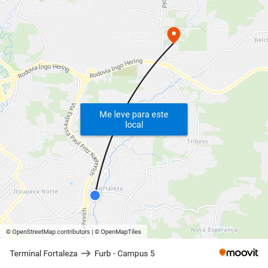 Terminal Fortaleza to Furb - Campus 5 map