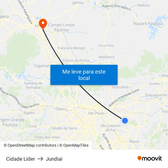 Cidade Líder to Jundiaí map