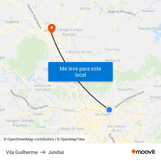 Vila Guilherme to Jundiaí map