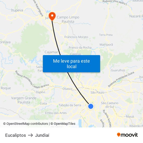 Eucaliptos to Jundiaí map