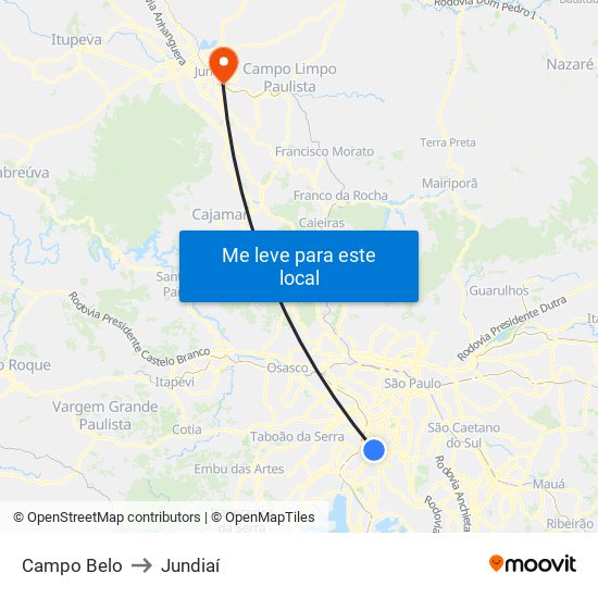Campo Belo to Jundiaí map