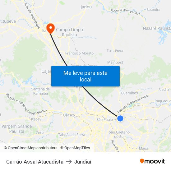 Carrão-Assaí Atacadista to Jundiaí map