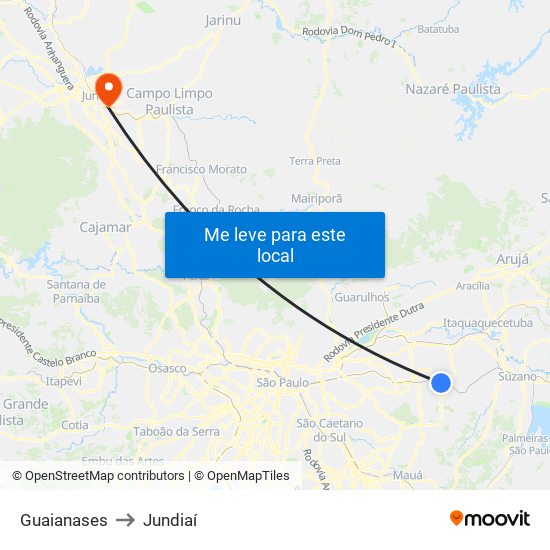 Guaianases to Jundiaí map