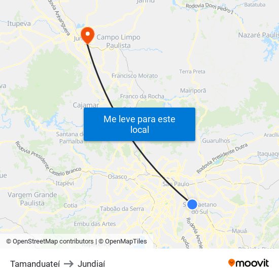 Tamanduateí to Jundiaí map