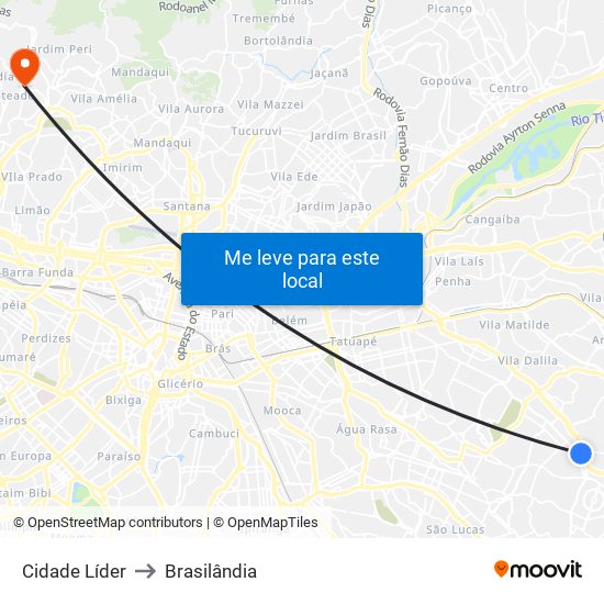 Cidade Líder to Brasilândia map