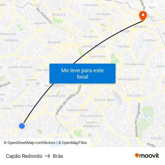 Capão Redondo to Brás map
