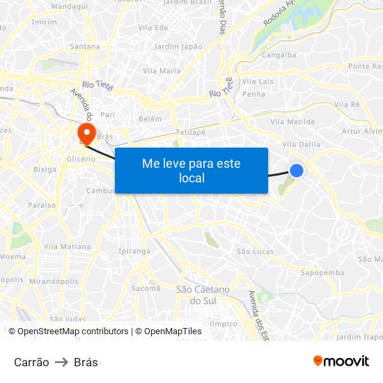 Carrão to Brás map