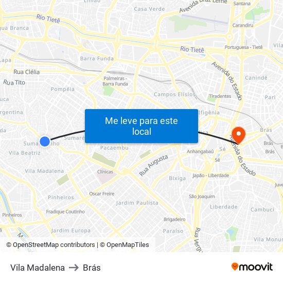Vila Madalena to Brás map