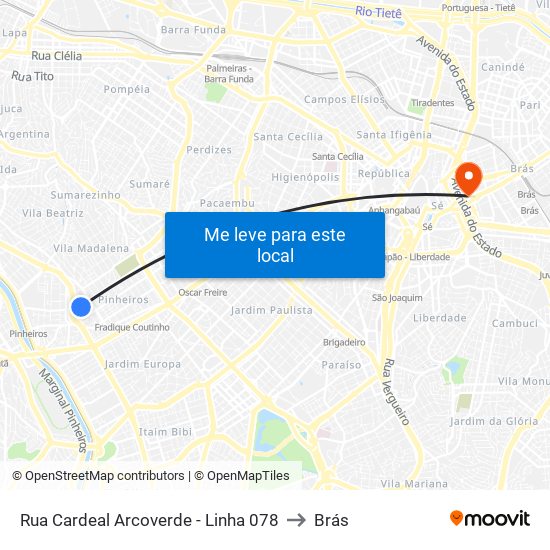 Rua Cardeal Arcoverde - Linha 078 to Brás map