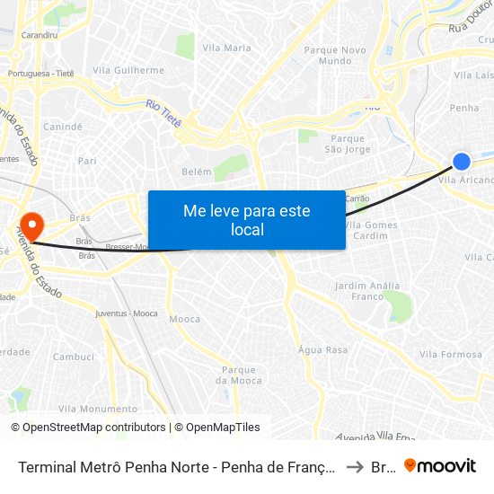 Metrô Penha - Penha de França, São Paulo to Brás map