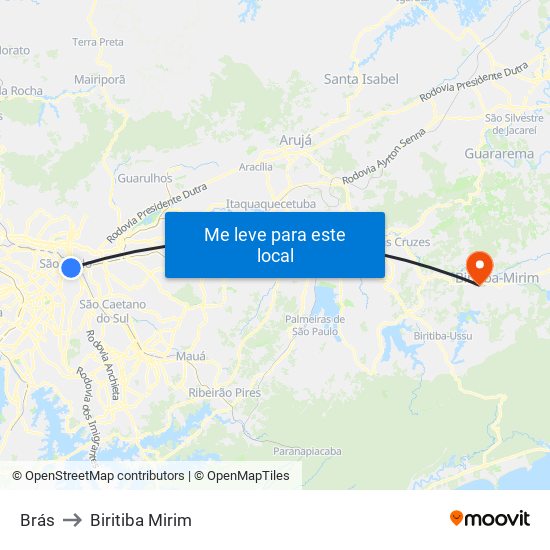 Brás to Biritiba Mirim map