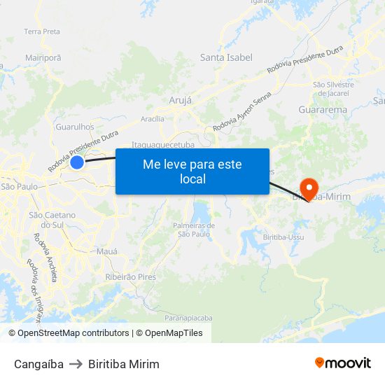 Cangaíba to Biritiba Mirim map