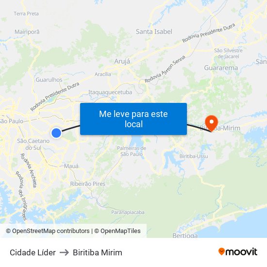 Cidade Líder to Biritiba Mirim map