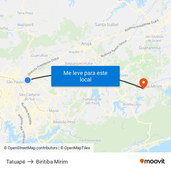 Tatuapé to Biritiba Mirim map