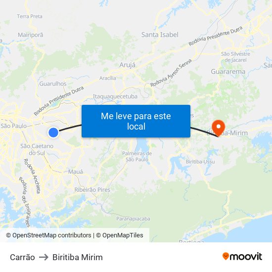 Carrão to Biritiba Mirim map