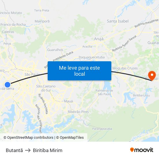 Butantã to Biritiba Mirim map