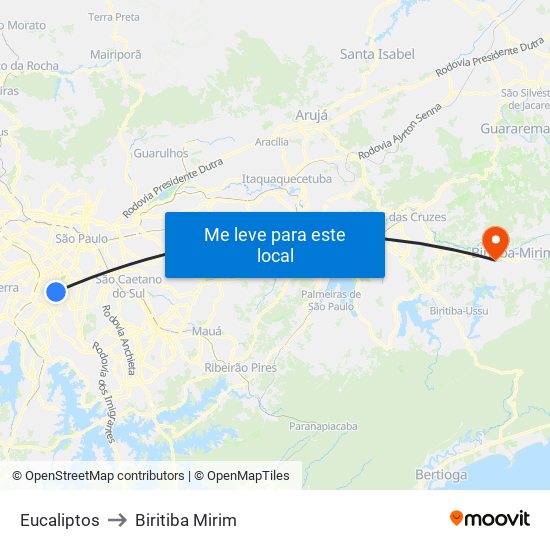 Eucaliptos to Biritiba Mirim map