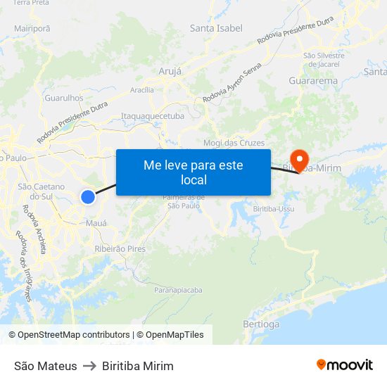 São Mateus to Biritiba Mirim map