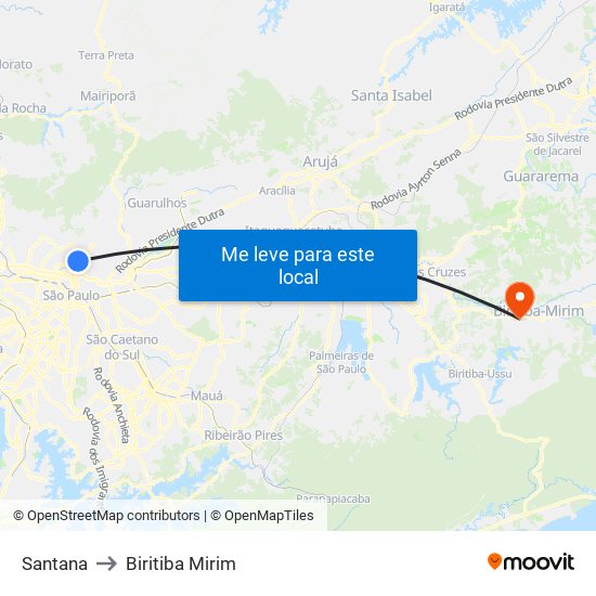 Santana to Biritiba Mirim map
