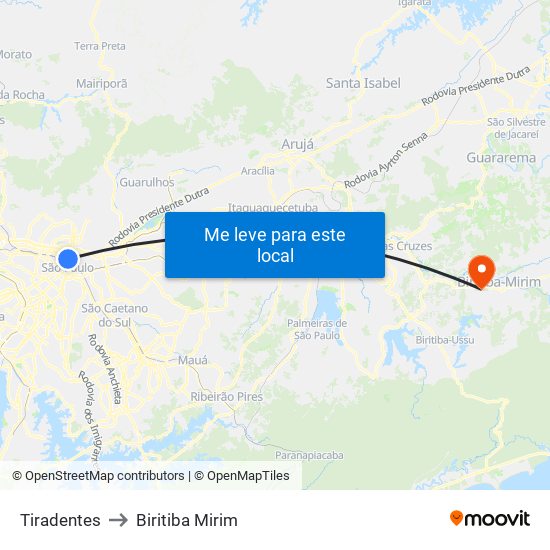 Tiradentes to Biritiba Mirim map