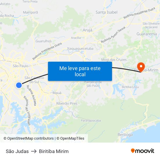 São Judas to Biritiba Mirim map