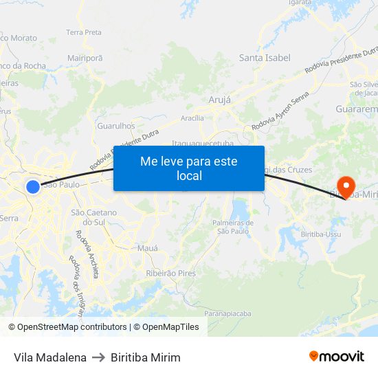 Vila Madalena to Biritiba Mirim map
