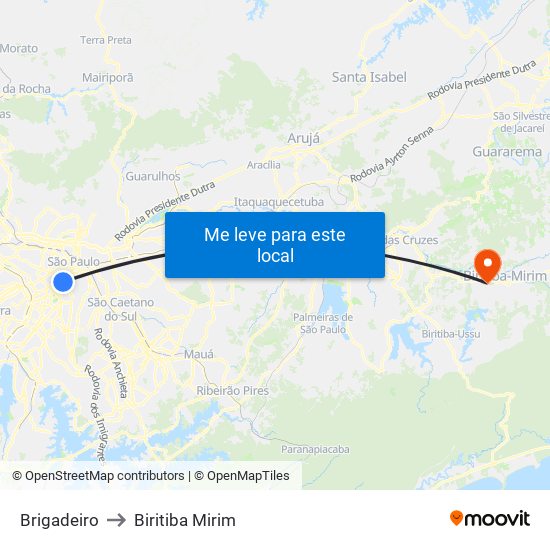 Brigadeiro to Biritiba Mirim map