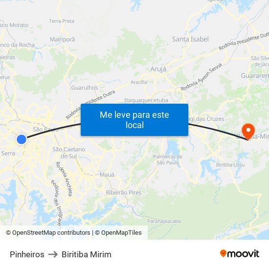 Pinheiros to Biritiba Mirim map