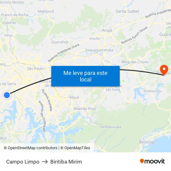 Campo Limpo to Biritiba Mirim map