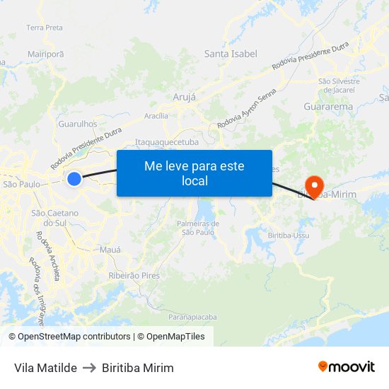 Vila Matilde to Biritiba Mirim map
