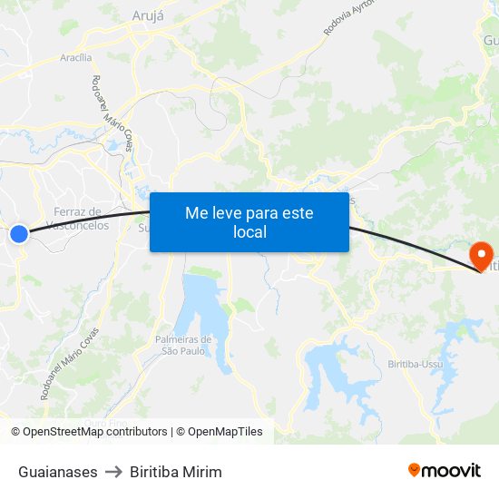 Guaianases to Biritiba Mirim map