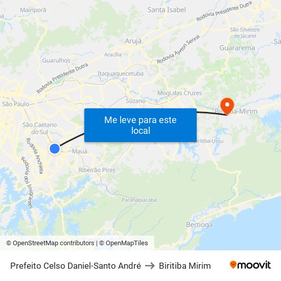 Prefeito Celso Daniel-Santo André to Biritiba Mirim map