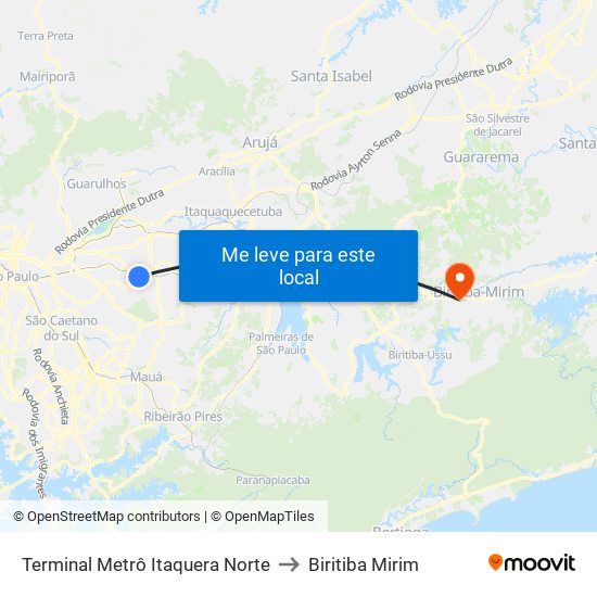 Terminal Metrô Itaquera Norte to Biritiba Mirim map