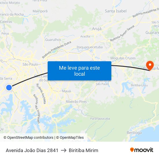 Avenida João Dias 2841 to Biritiba Mirim map