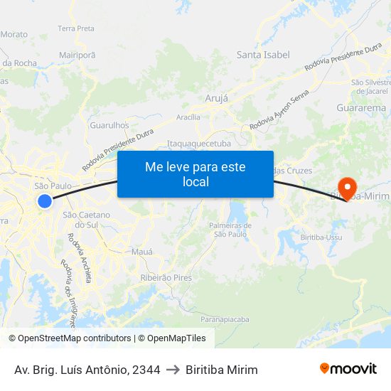 Av. Brig. Luís Antônio, 2344 to Biritiba Mirim map
